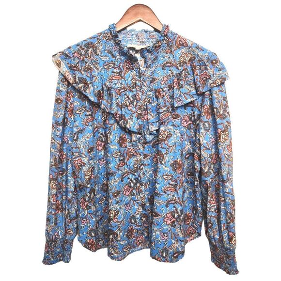 LOFT Bouquet Ruffle Shirt Blue Paisley Size XL - Picture 2 of 6